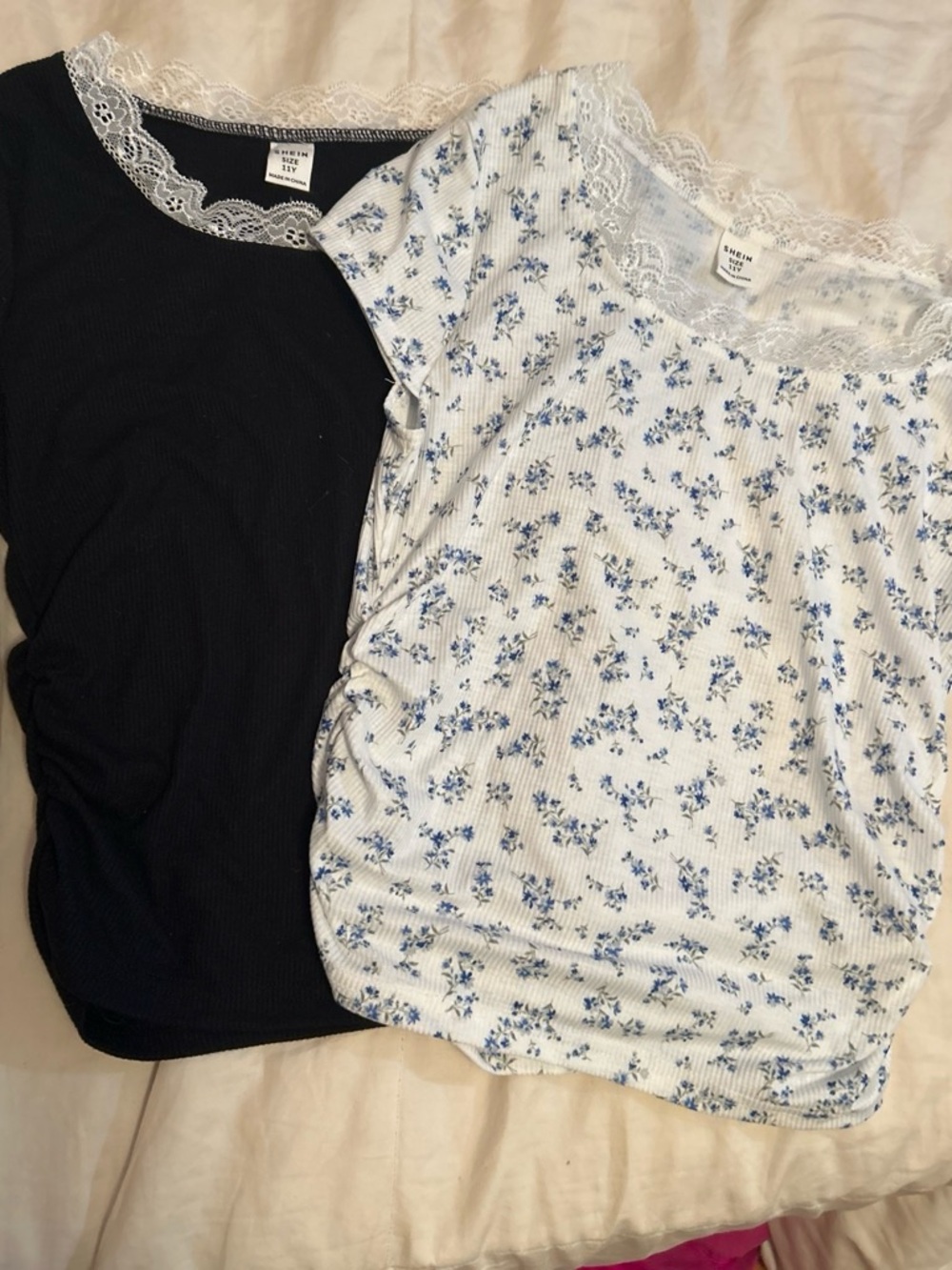Lost Girls Lace Trim Short Sleeve Tee in Black and White with Blue Floral